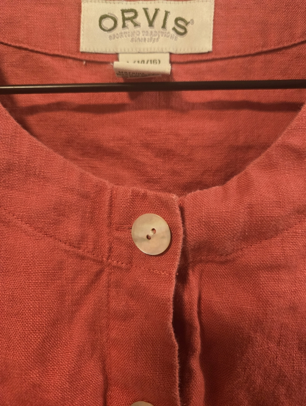 Orvis Vintage 90s Linen Coral Red Pink Button Front Shirt Sleeve Top Large 12/14 - Picture 3 of 5